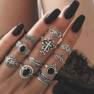 Silver Sun Feather Cross Black Onyx Stackable Rings 11pieces